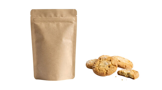 Blank kraft paper zip pouch packaging with delicious cookies isolated on transparent background