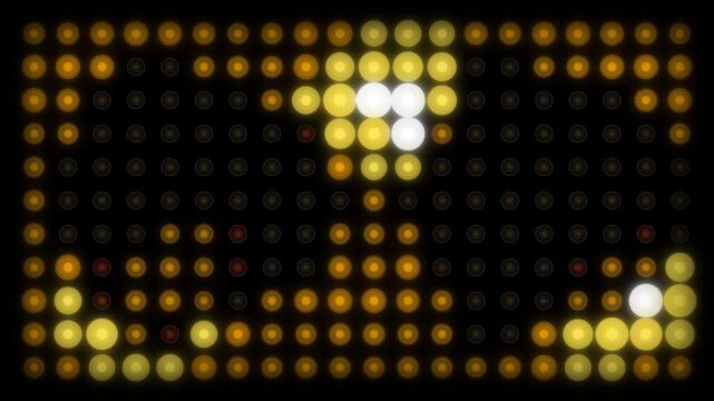 Concert stage blinder matrix light wall with warm amber and bright white lamps, energetic flashing arrow chase sequences for electronic music festival performance VJ backdrop in 4K