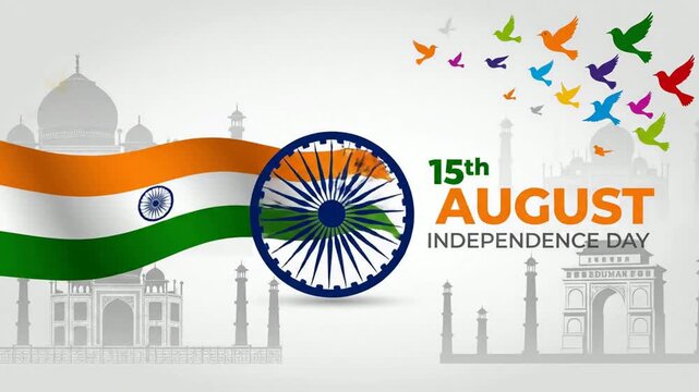 15th august india independence day animation with waving tricolor flag, ashoka chakra and colorful flying birds over taj mahal silhouette