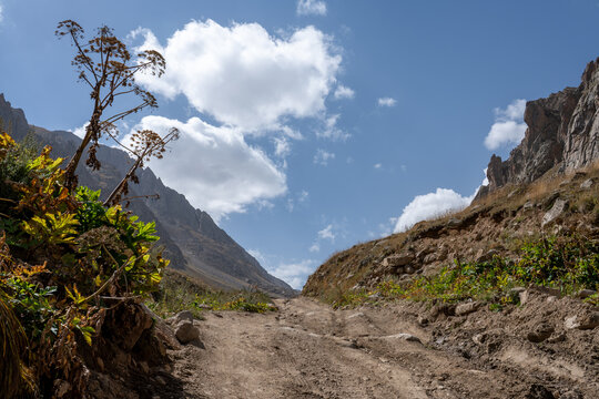 Rocky Mountain Hiking Trail Through a Dramatic Mountain Valley Under a Blue Sky.