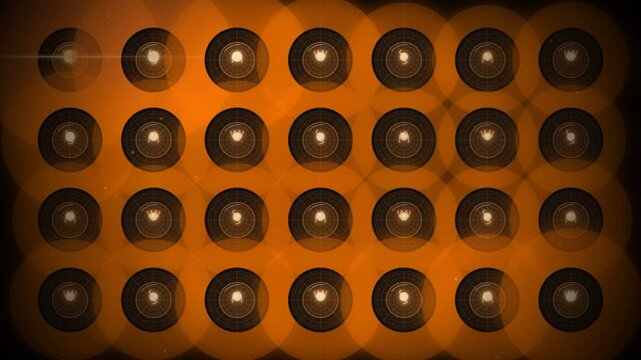 Vintage Edison filament lamp stage blinder matrix wall glowing in warm amber orange, retro circular reflector lighting rig with horizontal anamorphic lens flares for acoustic concert in 4K