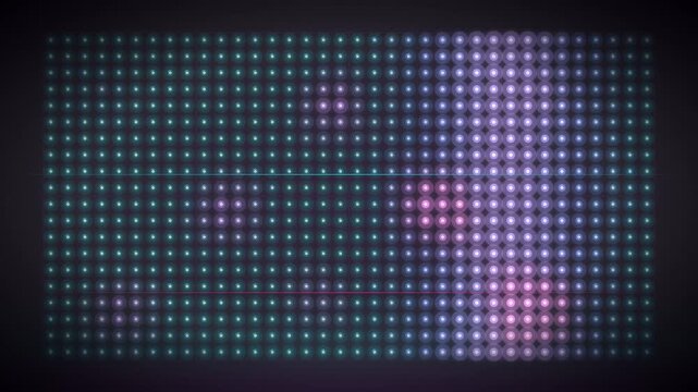 High energy digital LED dot matrix VJ screen with neon cyan and magenta equalizer waves, pulsating spiral vortex and audio reactive spectrum patterns for nightclub dance party in 4K