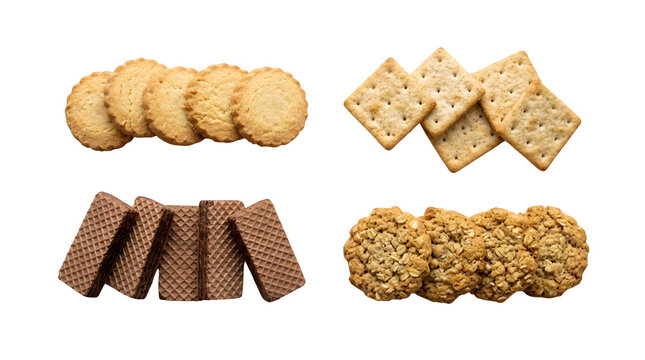 Assorted cookies and crackers including round shortbread, square crackers, chocolate wafers, and oatmeal cookies isolated on white isolated on transparent background