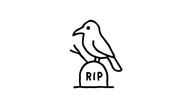 Graveyard Bird For Mourning And Memorial Scenes Doodle Animation With Alpha Channel. Tombstone And Death Symbol For Halloween Projects. Animated Hand-Drawn Icon For Video Overlay 4K.