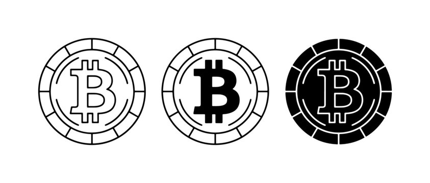 Bitcoin coin icons set with line art and filled silhouettes for finance and crypto applications