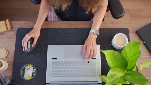 Woman uses computer mouse and types on laptop keyboard at home desk with coffee and houseplant. Concept of computer work and digital productivity