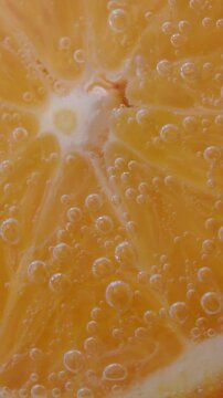 Detailed vertical macro shot focusing on the intricate center core and pulp structure of a fresh citrus fruit slice submerged in sparkling carbonated beverage.