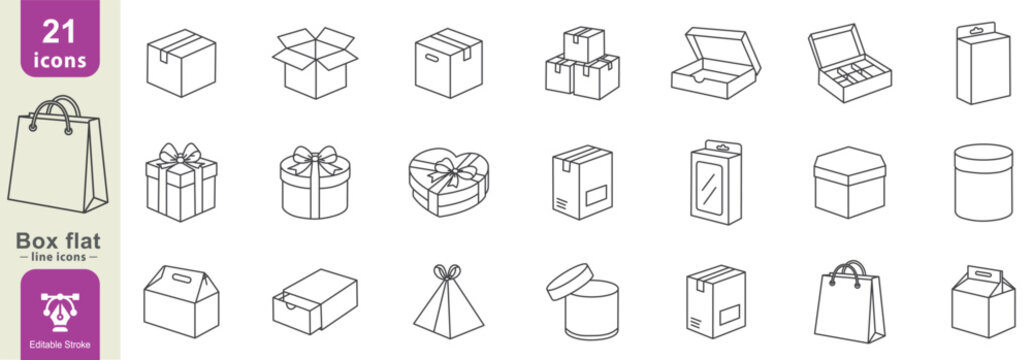 Minimal box and packaging line icon set including gift boxes, cartons, containers, bags, and storage designs for web UI. editable stroke