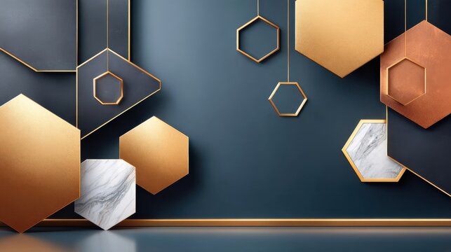 Gold and bronze hexagonal panels with marble texture hanging against dark blue wall, modern geometric decor concept