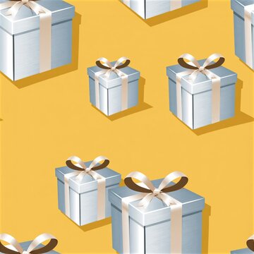 Silver gift boxes with cream ribbons and bows arranged on warm yellow background, seamless repeating pattern with soft shadows and clean composition