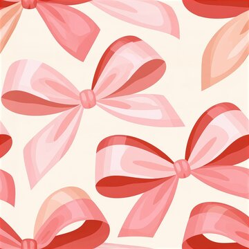 Seamless pattern of pink and coral gift bows on cream background, repeating design with soft shading and glossy ribbon texture