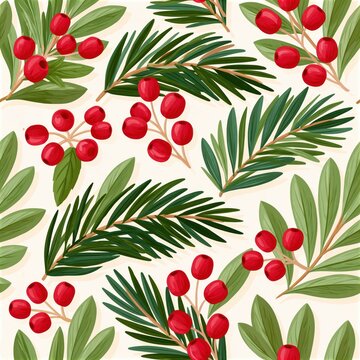 Seamless pattern with red berries and green fir sprigs on cream background, repeating holiday botanical design with flat illustration style
