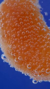 Close-up vertical footage of a fresh juicy orange fruit segment covered in shimmering carbonated bubbles against a striking blue background.