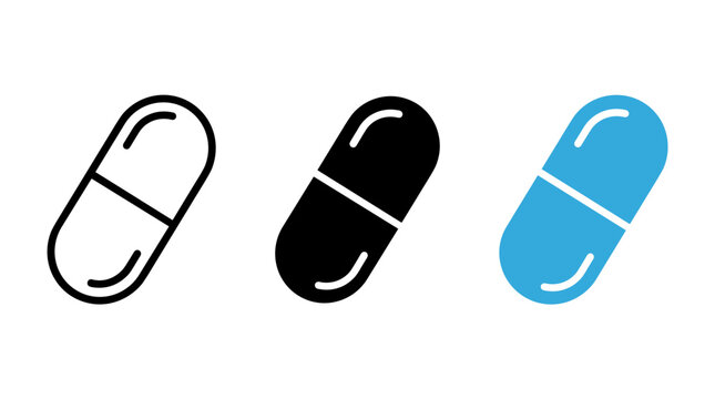 Medicine capsule icon set, pharmaceutical pill symbol for healthcare