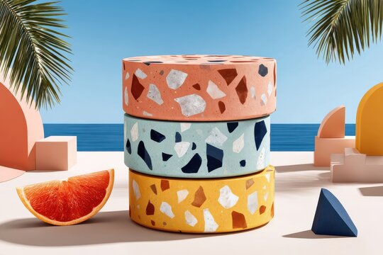 Stack of three terrazzo discs in peach, mint and yellow with embedded stone chips, different diameters, beside grapefruit slice and geometric shapes, summer beach scene