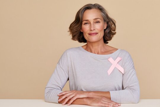 Senior woman with short wavy gray hair wearing gray long sleeve top and pink ribbon pinned to chest, seated at white table against beige studio background