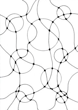 Elegant and meditative black-and-white hand-drawn neurographic art illustration exploring neural connections and biomorphic forms.