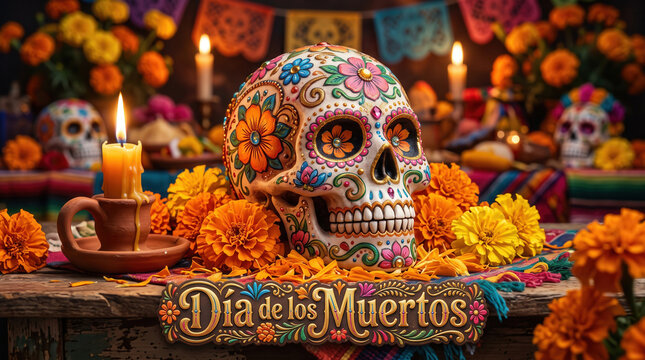 Dia de los Muertos sugar skull with marigold flowers and lit candles