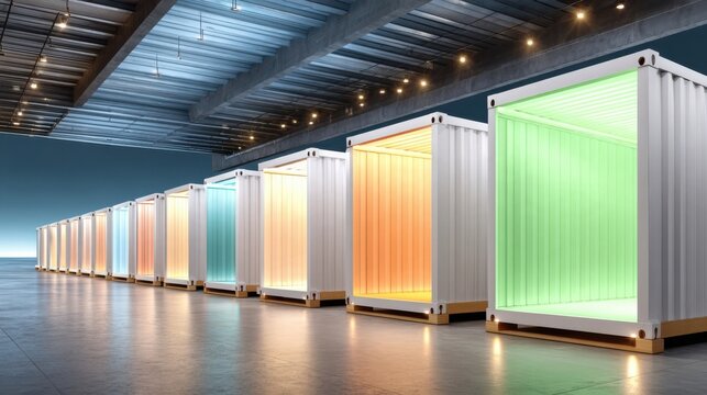 Warehouse space with long row of white industrial containers, each glowing with green, orange, blue, yellow interior light, supply chain visualization