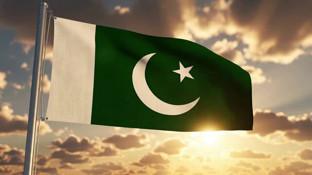Pakistani flag waving proudly against a golden sunset sky with dramatic clouds and sunbeams for national pride and patriotism