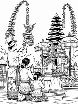 Balinese Hindu Family Praying Offering During Galungan Festival At Temple With Penjor Illustration