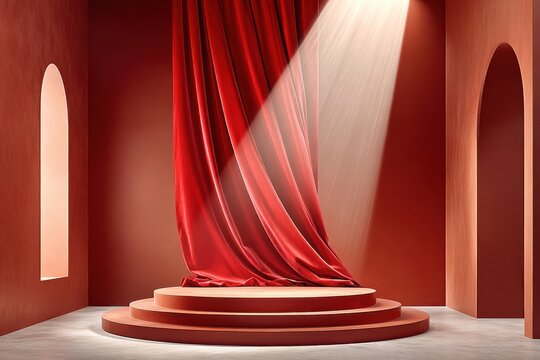 Crimson velvet curtain draped over circular tiered plinth with spotlight beam in minimalist red room, stage presentation setup