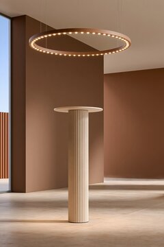 Tall fluted column pedestal under circular pendant light in minimalist room with warm brown walls and natural daylight from large window