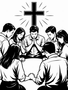 Group Of Christians Praying Together In Circle Holding Hands Under Glowing Cross Illustration
