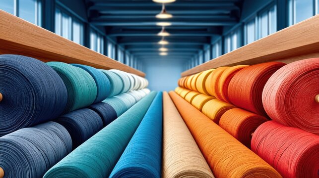 Textile mill interior with rows of colorful thread cones arranged on wooden shelves, showcasing graded color palettes for fabric production