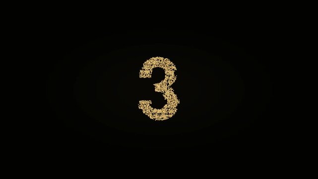 Gold glitter particle countdown from 5 to 1 dissolving through glitch transitions to reveal New Year 2027 on black background, with scattered dots and a soft warm glow behind each digit