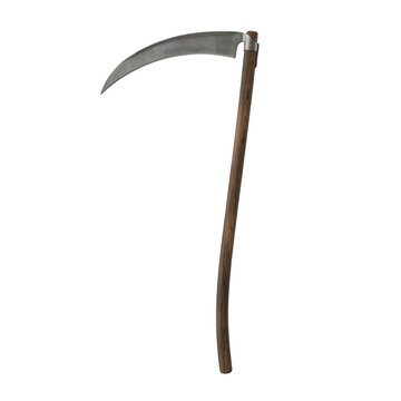 A sharp metal scythe with a long wooden handle