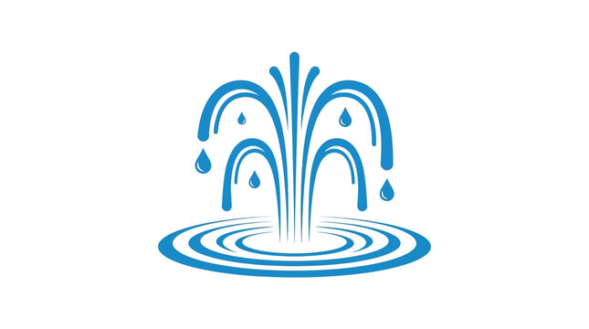 Bright blue vector water fountain graphic symbol featuring falling liquid drops and flowing ripples