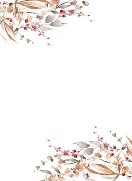 Watercolor floral and fall foliage corner frame template. Red, burgundy, brown, beige and pink autumn wild flowers, eucalyptus branches, leaves and twigs. Fall nature hand drawn design clipart.