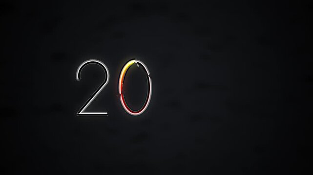 New Year 2027 drawn one digit at a time by a red, yellow and blue light shedding sparks, forming white neon tube numbers as a dark textured wall lights up behind, the final 7 glows warm