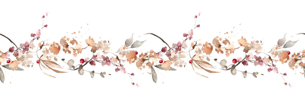 Watercolor floral fall arrangement border bouquet. Gray, burgundy, brown, pink autumn wild flowers, branches, leaves and twigs. Hand painted isolated template design.