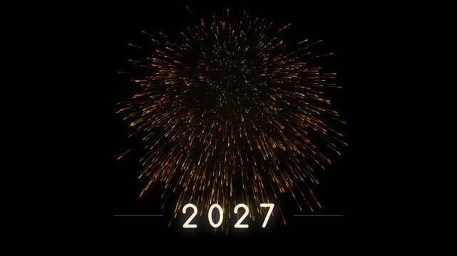 New Year 2027 firework as a rocket rises into one big silver and gold burst that blooms and rains down orange embers, with small widely spaced lettering between thin lines at the bottom