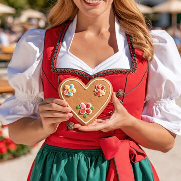 Woman in traditional dirndl holding heart shaped gingerbread cookie with colorful icing flowers, bright red and green outfit, outdoor festival setting