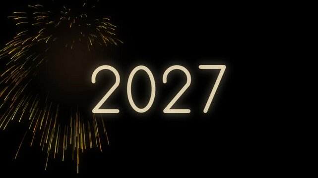 New Year 2027 fireworks as gold rockets burst on the left and then on the right, their falling sparks fading around softly glowing cream digits which stay centered on a black background