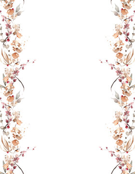 Watercolor floral fall arrangement border bouquet. Gray, burgundy, brown, pink autumn wild flowers, branches, leaves and twigs. Hand painted isolated template design.