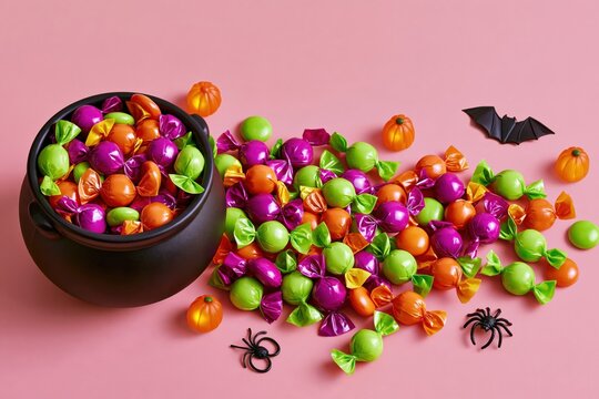 Colorful halloween candies spilling from black cauldron on pink background with plastic pumpkins, spiders and bat
