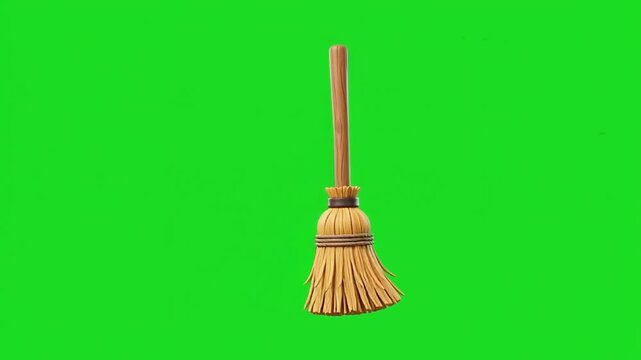3D animated wooden magic broom floating against green screen background