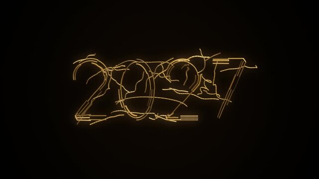 New Year 2027 formed as tangled gold light strands whip across black and settle into digits of parallel glowing lines, holding steady before unraveling back into a wild swirl of threads