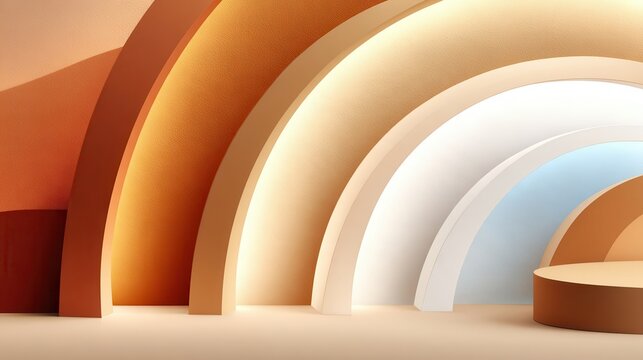 Abstract 3d render of concentric arches in warm terracotta, cream, white and soft blue tones with circular podium on right side, geometric architecture