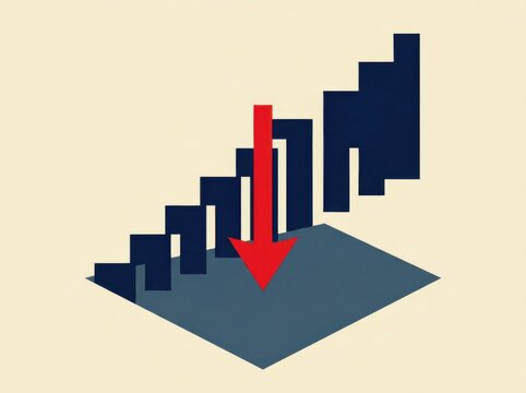 Downtrend Chart with Red Arrow and Falling Bars in Minimalist 3D Design