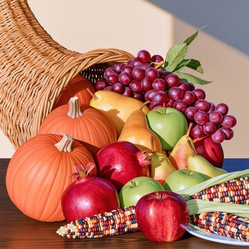 Woven cornucopia spilling harvest fruits and vegetables including pumpkins, grapes, apples, pears, pomegranates, and colorful corn on wooden table
