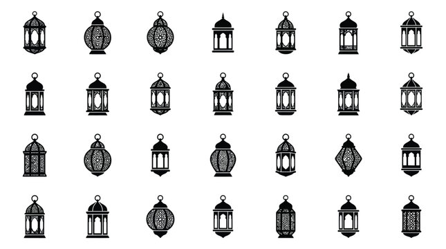 Ramadan lanterns collection vector set featuring diverse ornate black silhouettes on white tiles