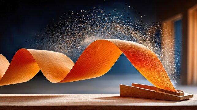 Abstract woodworking scene featuring curling pine shaving ribbon with fine dust particles suspended midair, wood texture and motion
