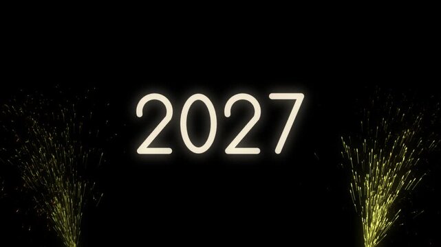 New Year 2027 in glowing cream text framed by two gold spark fountains shooting up from the bottom corners, each one pulsing in turn on a black background for a festive stage appearance