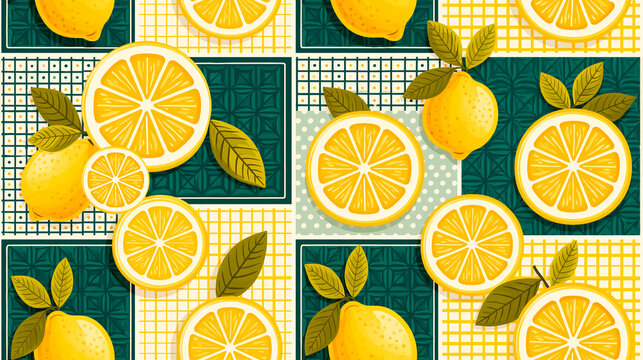 Beautiful, stylish seamless pattern of tea leaves and lemons.