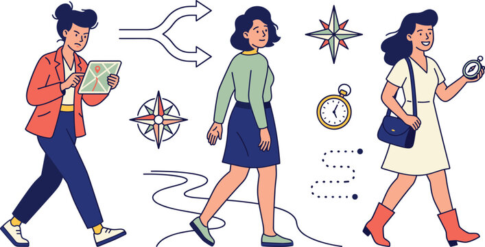 Female Traveler Navigation Character Vector Set Featuring Women Using Digital Map Compass And Lost On Split Path For Tourism Lifestyle Designs